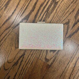 Cream and pink iridescent glitter clutch with magnetic closure and gold hardware